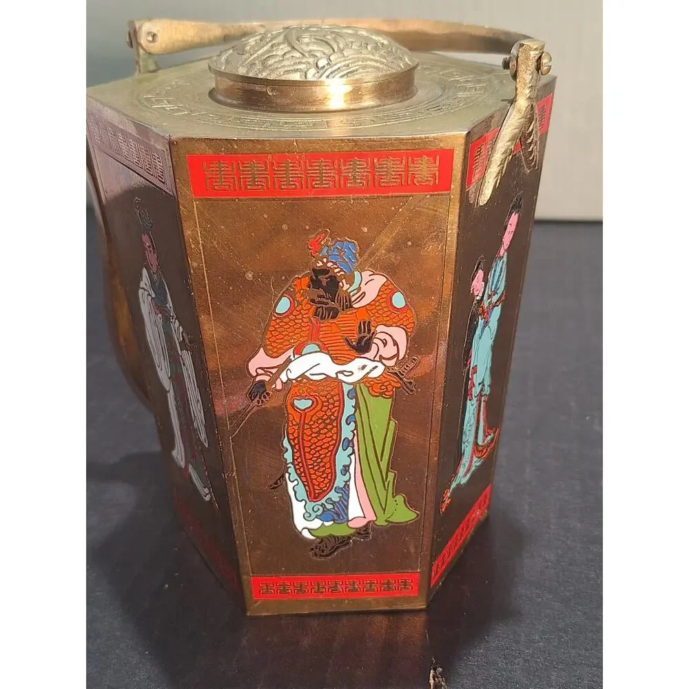 1950s Chinese Hexagonal Brass Teapot Enamel Figures No Taiwan Export Mark!